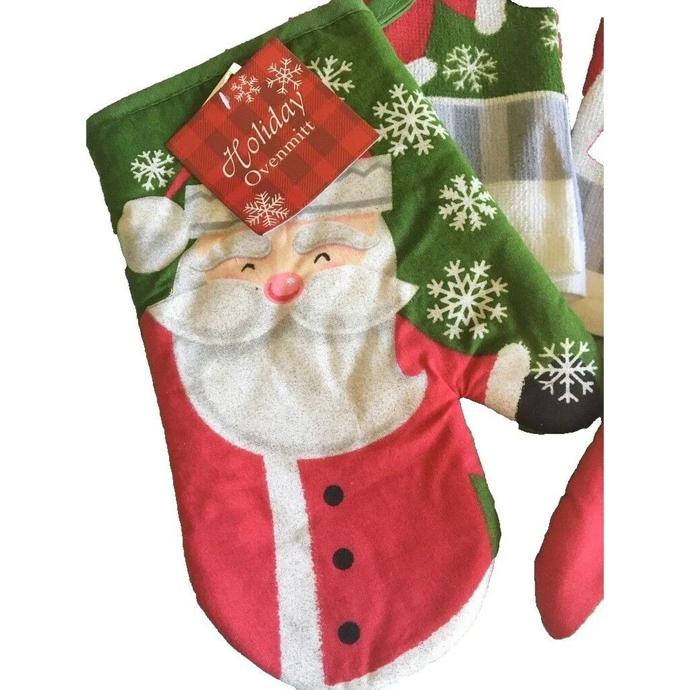 Santa Christmas Set of 4 Dish Towels Oven Mitts Snowflakes Holiday Glitter